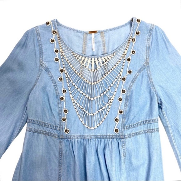 Free People Indigo Tencel Chambray Tunic Boho Mini Dress in Blue Size XS - Picture 4 of 9